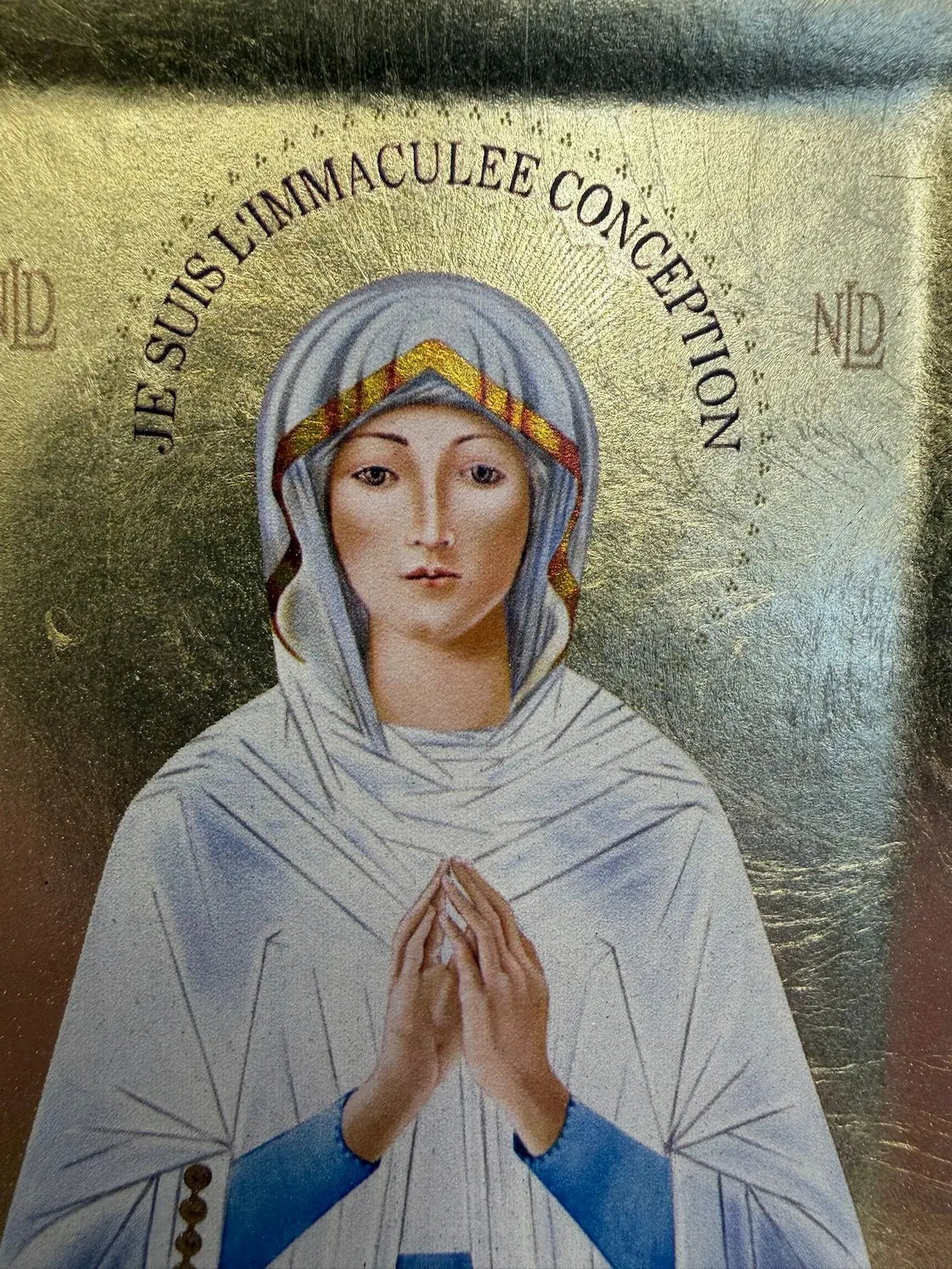 Our Lady of Lourdes icon gold leaf serigraphy Jean Luc Theallet wooden panel
/
Icône Notre Dame de Lourdes sérigraphie feuille d’or Jean Luc Théallet panneau bois