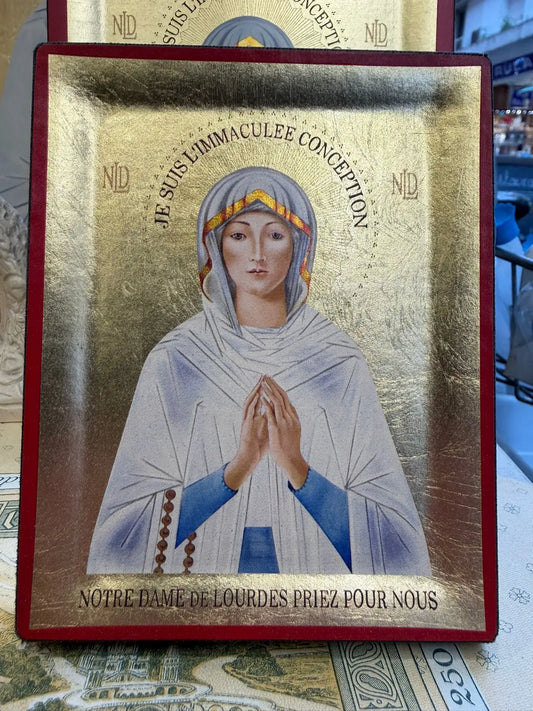 Our Lady of Lourdes icon gold leaf serigraphy Jean Luc Theallet wooden panel
/
Icône Notre Dame de Lourdes sérigraphie feuille d’or Jean Luc Théallet panneau bois