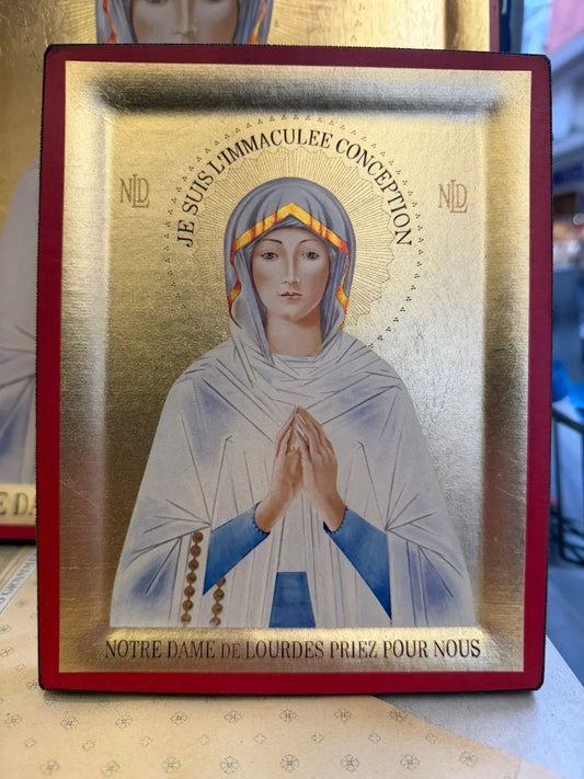 Our Lady of Lourdes icon gold leaf serigraphy Jean Luc Theallet wooden panel
/
Icône Notre Dame de Lourdes sérigraphie feuille d’or Jean Luc Théallet panneau bois