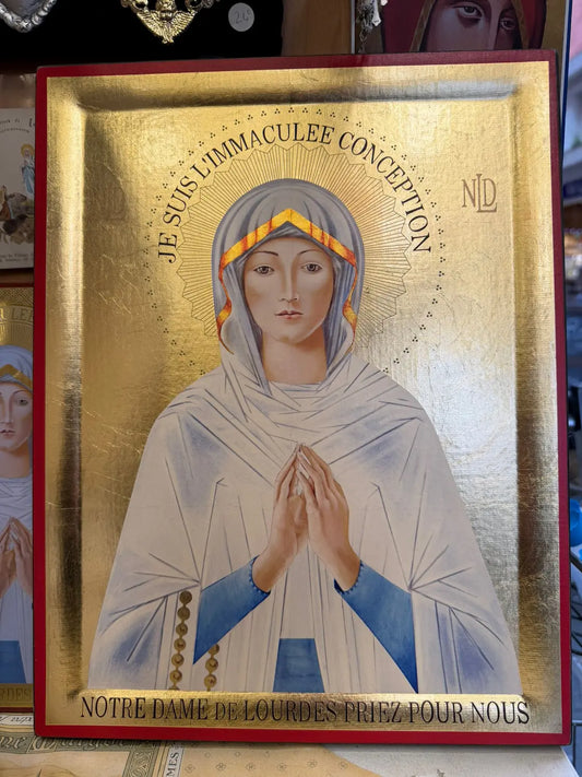 Our Lady of Lourdes icon gold leaf serigraphy Jean Luc Theallet wooden panel
/
Icône Notre Dame de Lourdes sérigraphie feuille d’or Jean Luc Théallet panneau bois